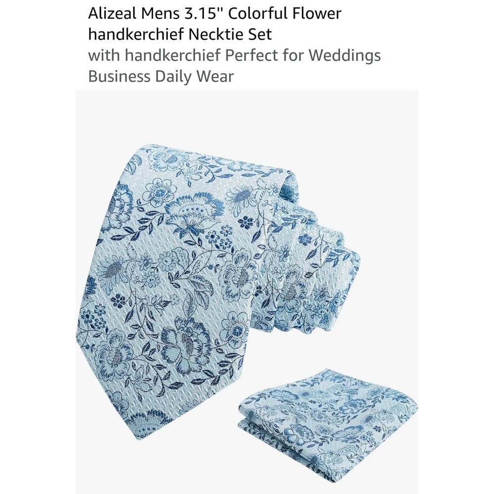 Alizeal Mens Light Blue Floral Jacquard Necktie and Pocket Square Set 3.15"